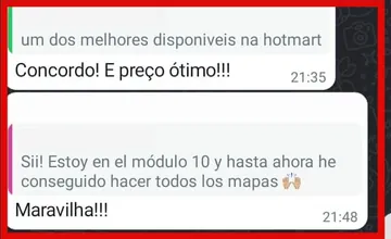 Daniel A. responde: Concordo! E preço ótimo!!! — e, citando a mensagem de uma aluna do Uruguai (Sii! Estoy en el módulo 10 y hasta ahora he conseguido hacer todos los mapas): Maravilha!!!