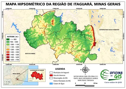 Mapa hipsométrico da região de Itaguará, Minas Gerais